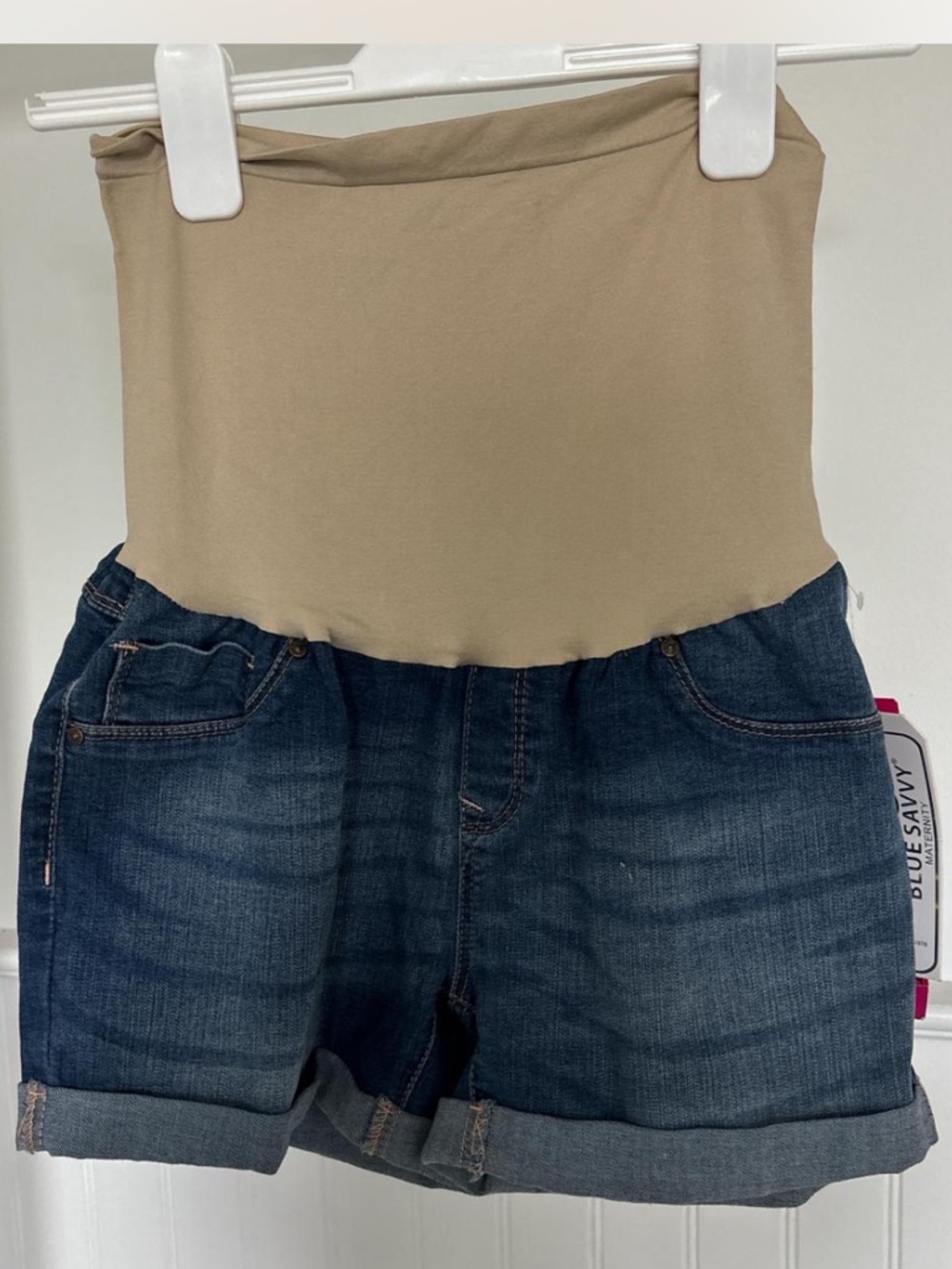 Maternity Denim Roll-Cuff Shorts with Beige Knit Waistband #189